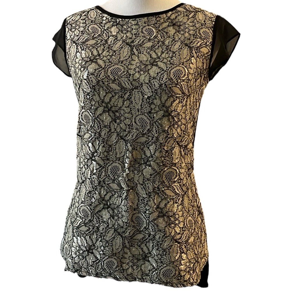 THE LIMITED LACE FRONT CAP CHIFFON SLEEVES TOP BLACK SILVER SIZE EXTRA SMALL